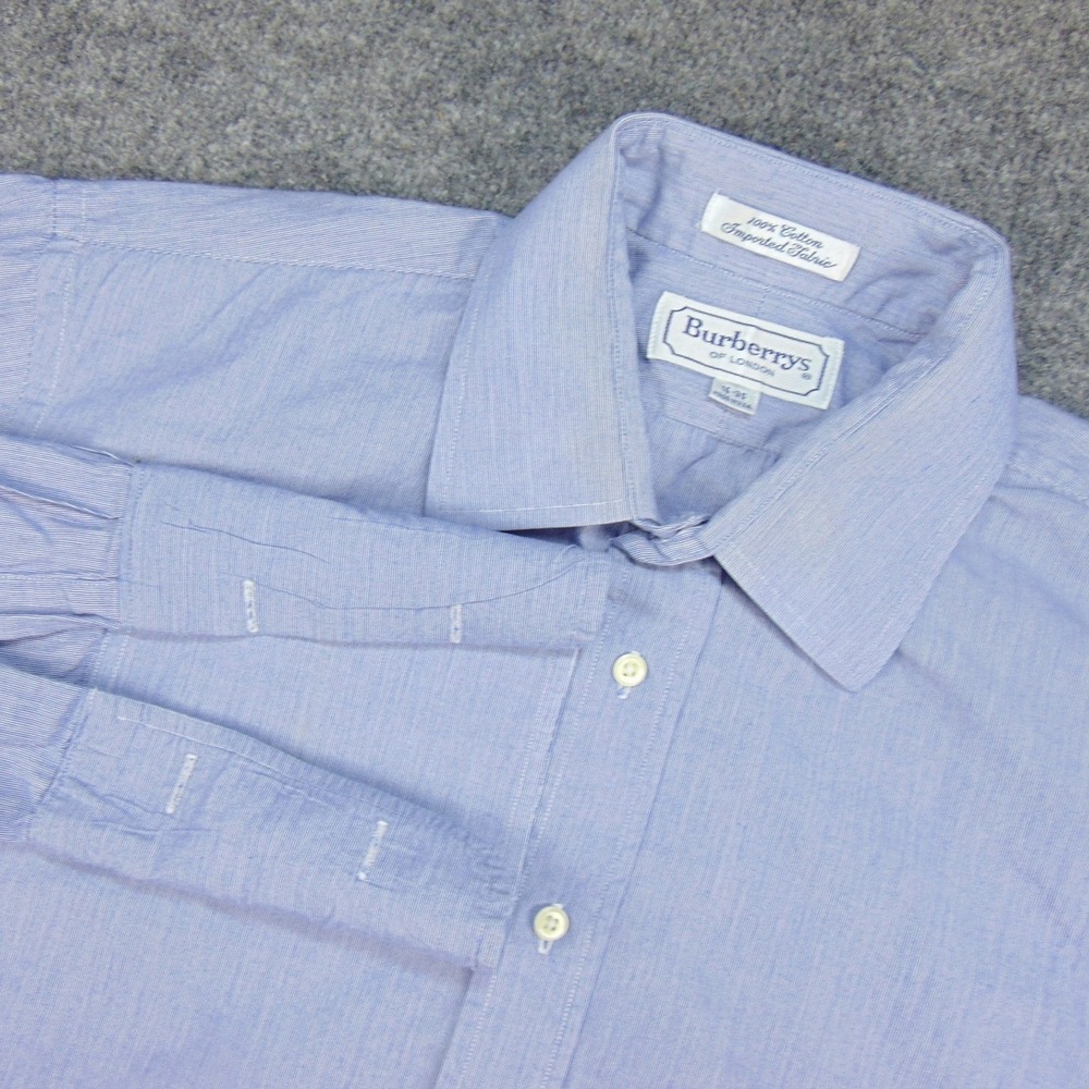 Burberrys London Dress Shirt Mens 16/35 Blue Striped Cotton French Cuff Luxury